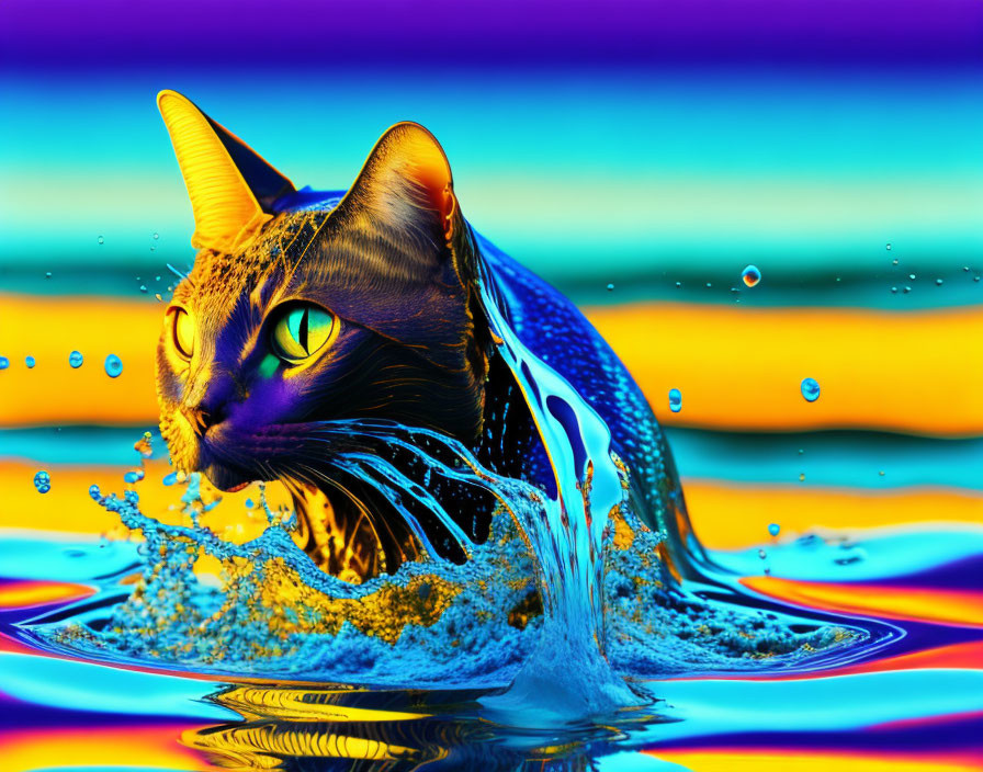 Colorful digital artwork: Cat head in water with ripples on psychedelic background