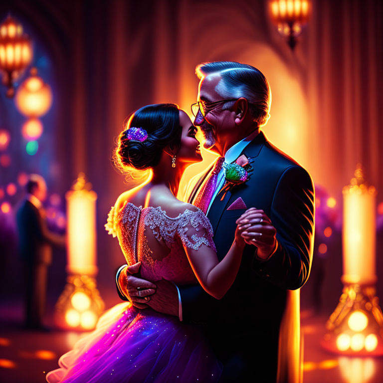 Elegantly dressed couple dancing in warm, ambient lighting