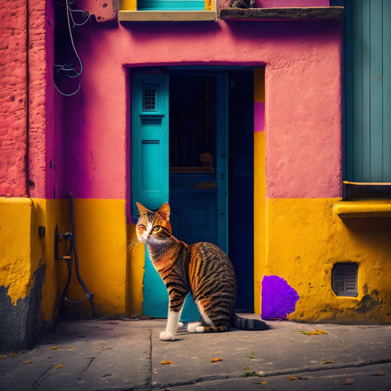 Striped Cat Sitting in Front of Colorful House with Pink and Yellow Walls