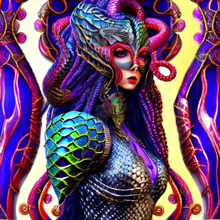 Vibrant digital artwork of woman with fantasy headdress & makeup