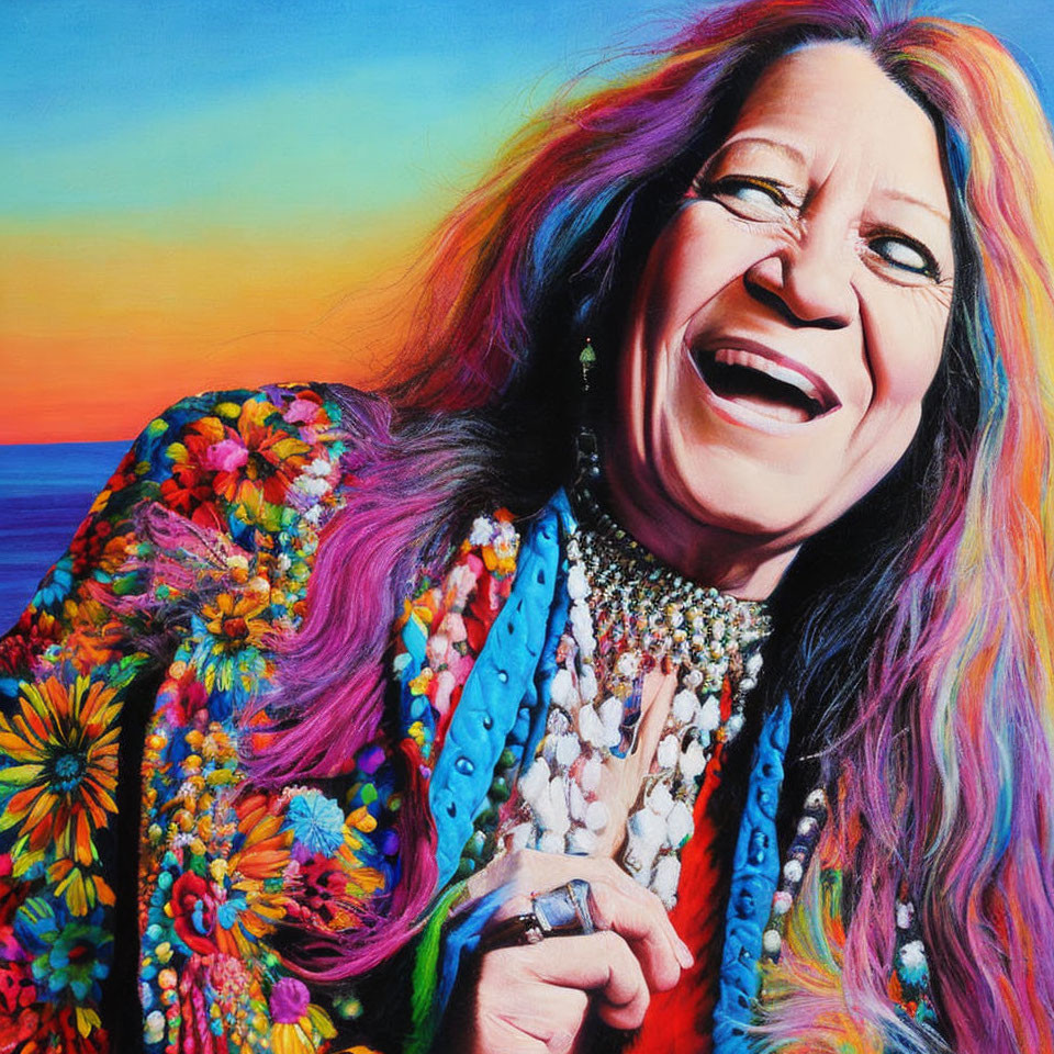 Vibrant painting of a laughing woman with long wavy hair and colorful beads against a sunset sky