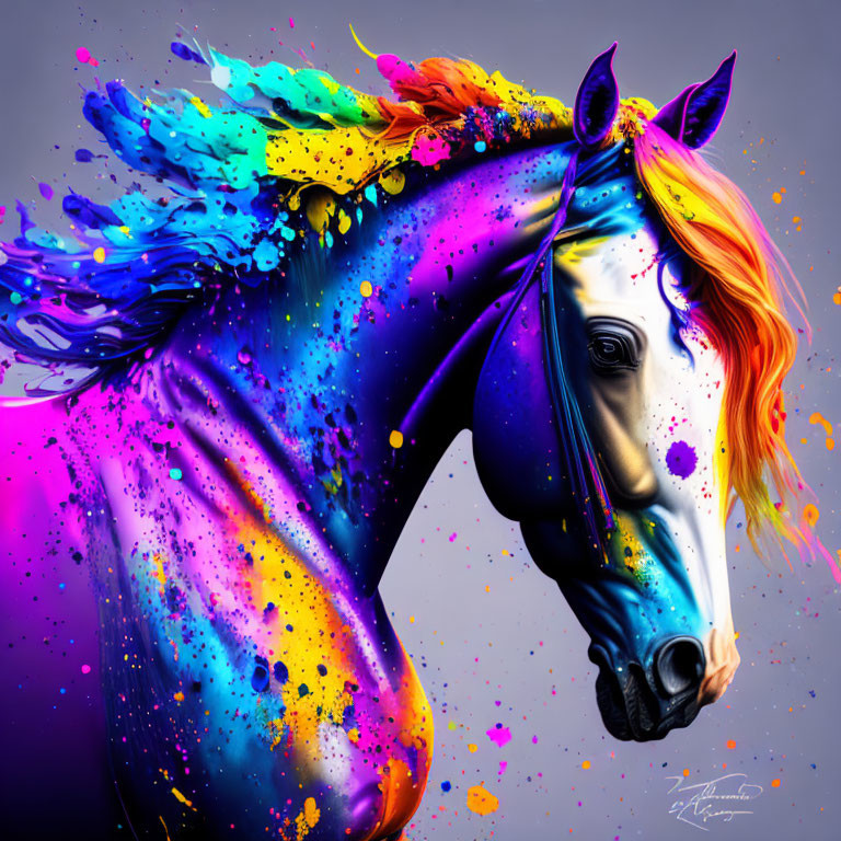 Colorful digital artwork: Horse with neon splatter on purple background