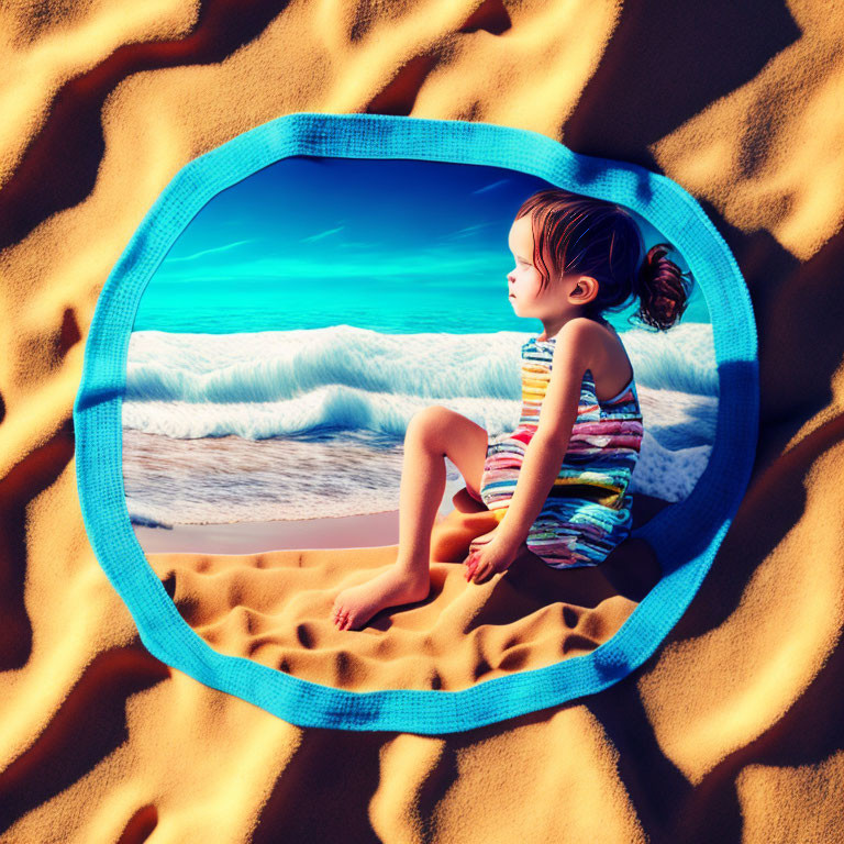 Child sitting in circular frame by sea with crashing waves under sunny sky