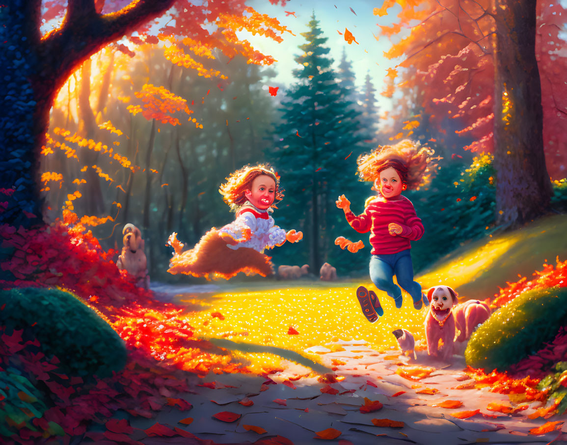 Joyful children and playful dogs in vibrant autumn forest