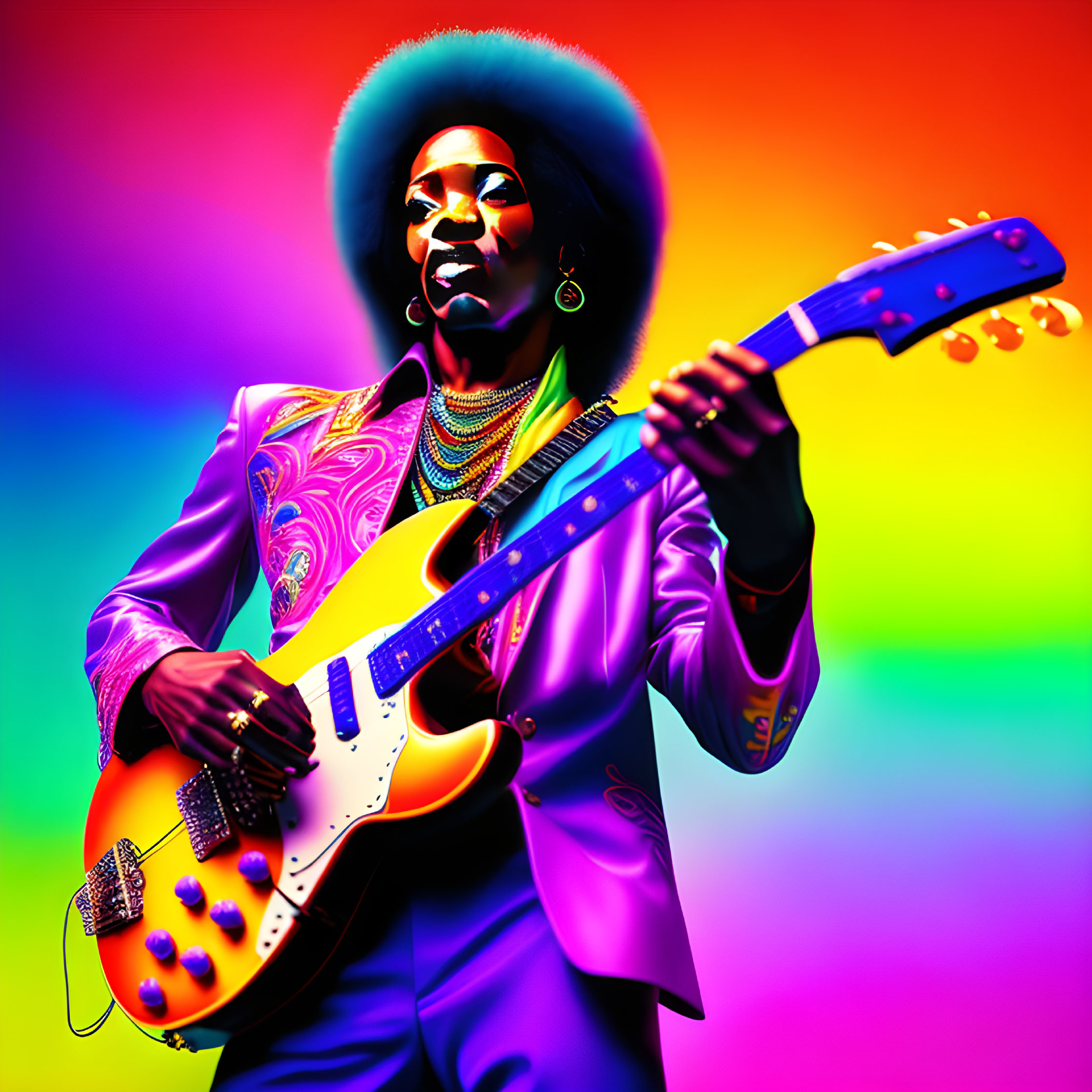 Colorful illustration: musician with afro playing electric guitar