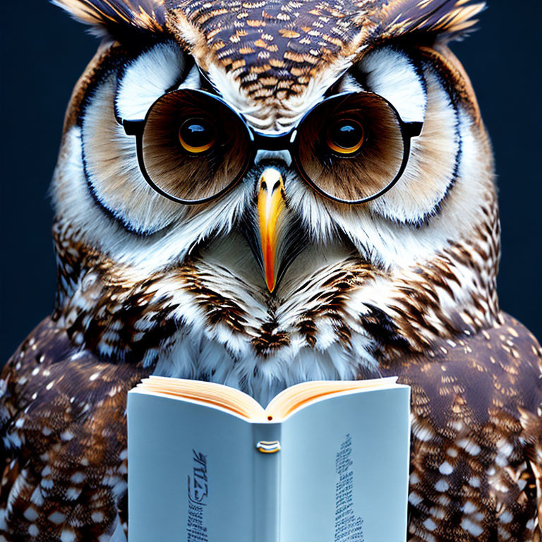 Close-up Image: Owl with Golden-Brown Eyes Reading Book