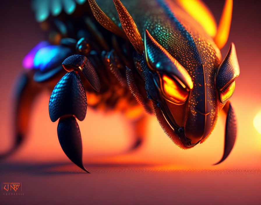 Colorful digital artwork of an iridescent insect creature with intricate textures and a glowing horn