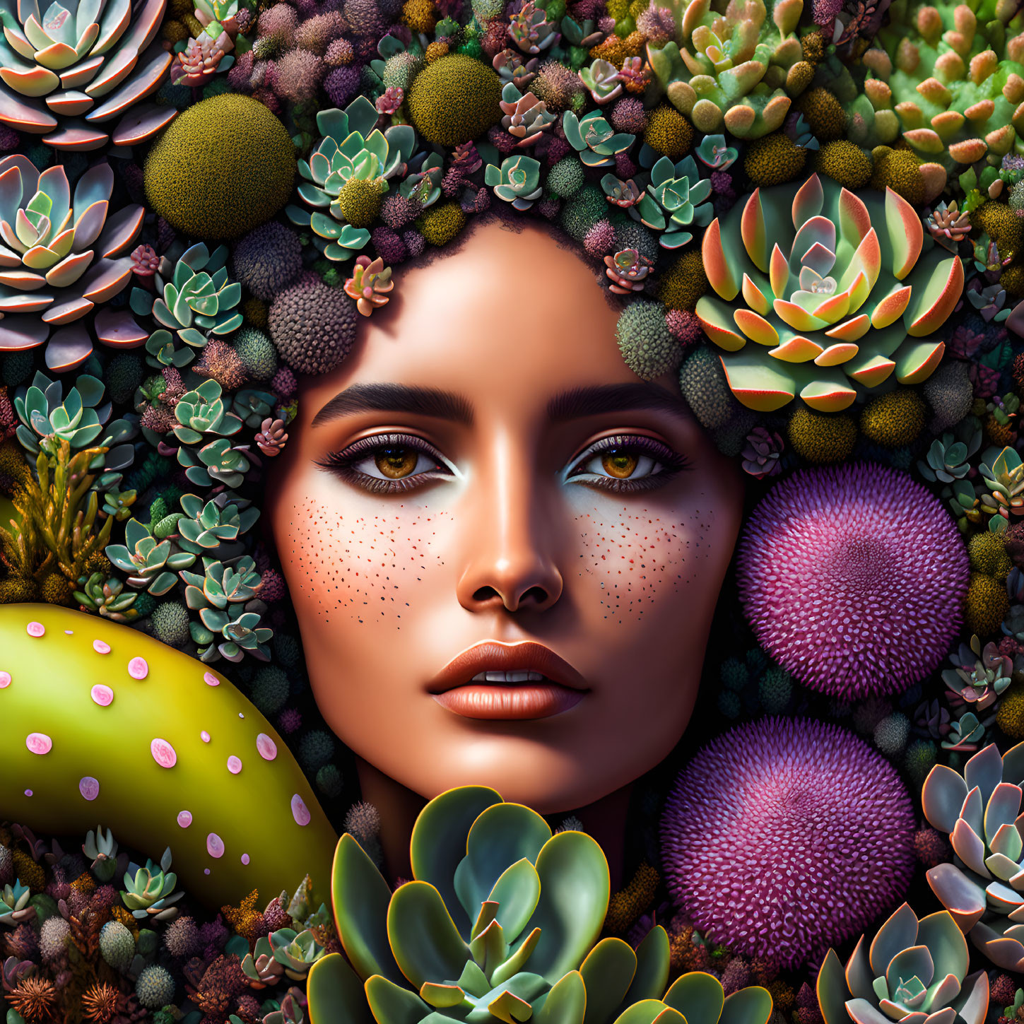 Vibrant botanical backdrop with woman's face and succulents