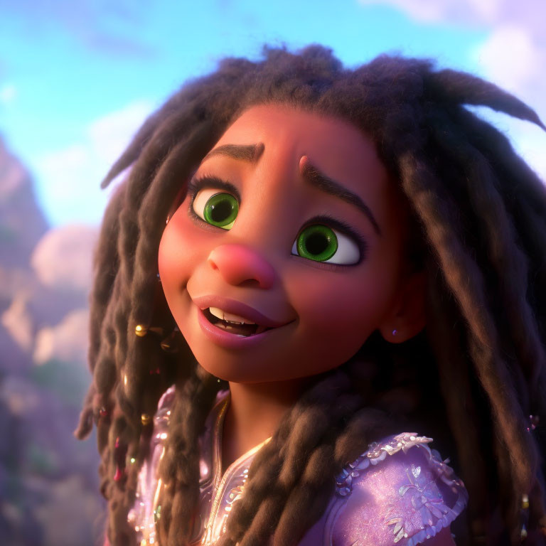 Young girl with green eyes and dreadlocks in purple outfit smiles in 3D animation