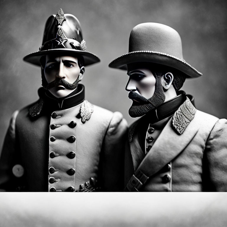 Vintage Toy Soldiers with Detailed Uniforms on Grayscale Background