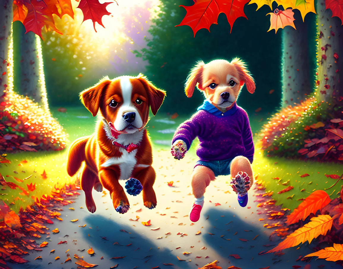 Cartoon puppies in sweaters walking in autumn forest