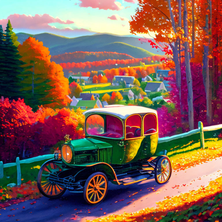 Vintage Car Driving Through Autumn Scene with Sunset and Village