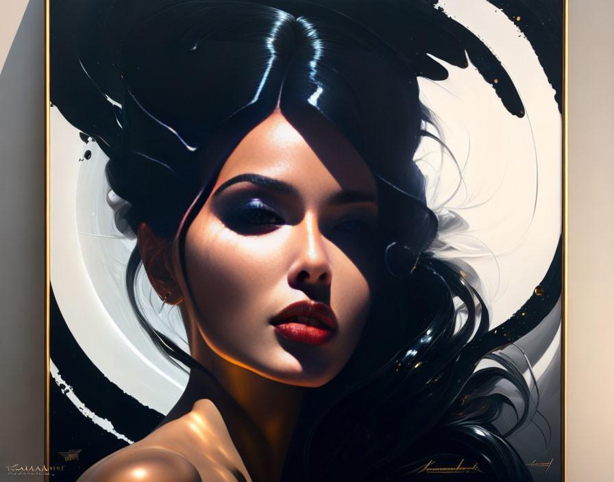 Stylized portrait of a woman with black hair and striking makeup against golden circle