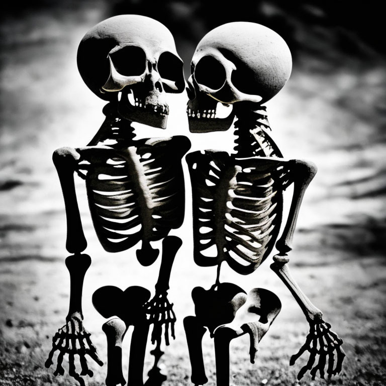 Skeletons embracing in a hug pose.