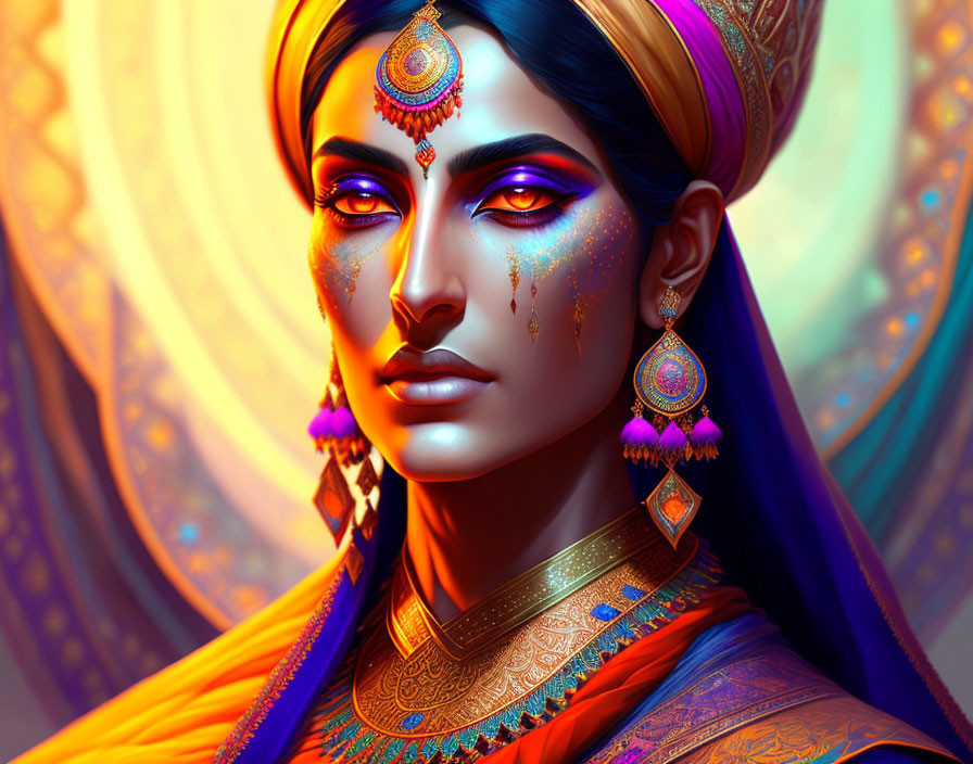 Colorful digital portrait of a woman in traditional attire with elaborate jewelry and stylized makeup