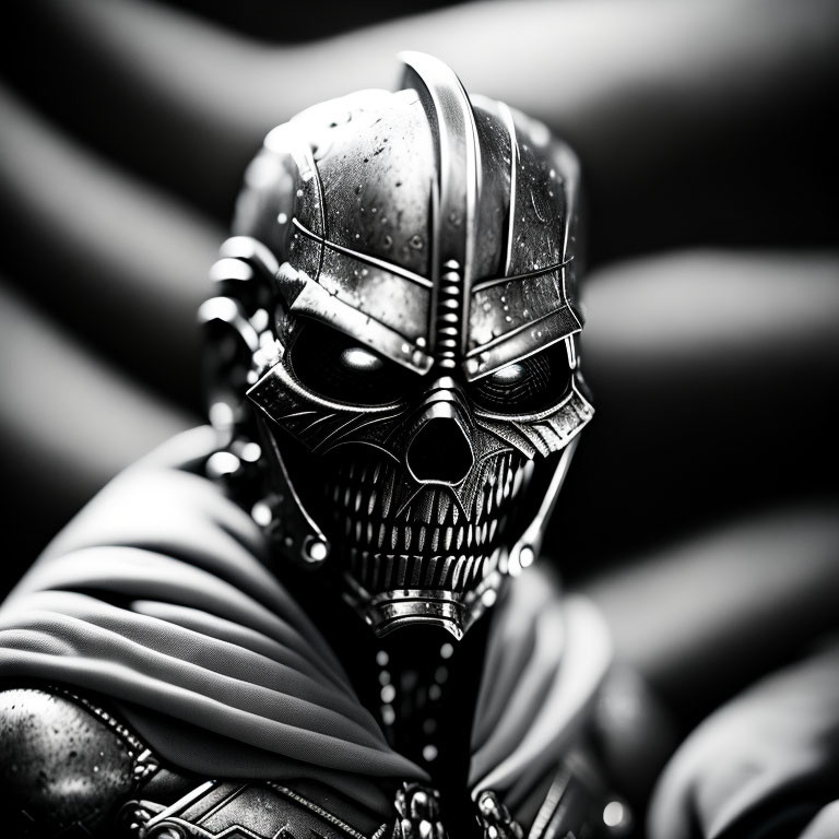 Metallic skull-like face with ridged helmet against curved lines background.