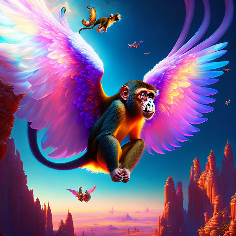 Colorful fantasy artwork: Winged monkey, chameleon, dragons in sunset landscape