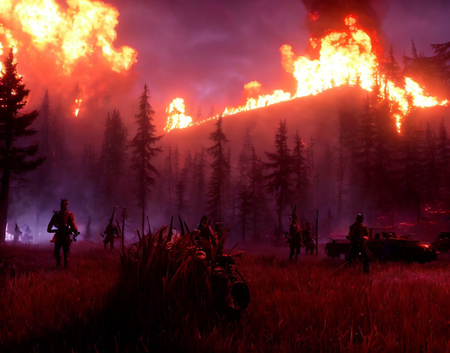 Nighttime Forest Fire Scene with Silhouetted Figures and Blazing Trees