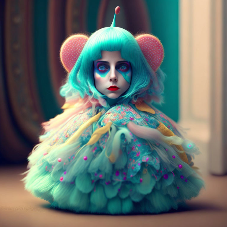 Blue-haired doll in colorful clown outfit with ear-like adornments