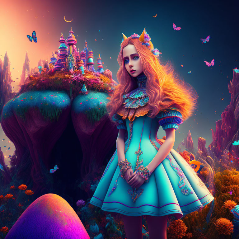 Surreal girl in blue dress with crown in vibrant fantasy landscape