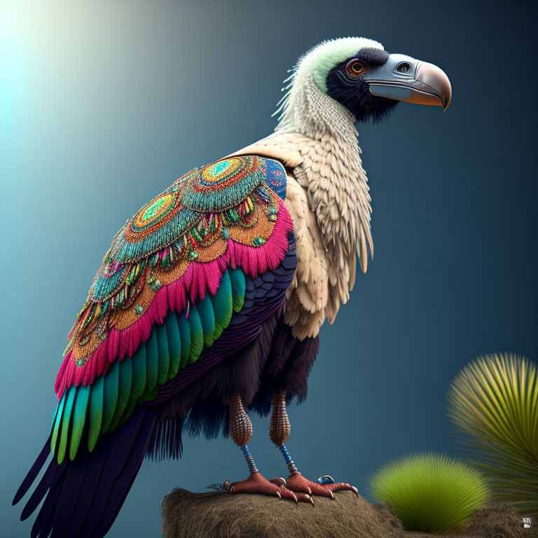 Digitally created bird with vulture head and peacock feathers on rock, blue background