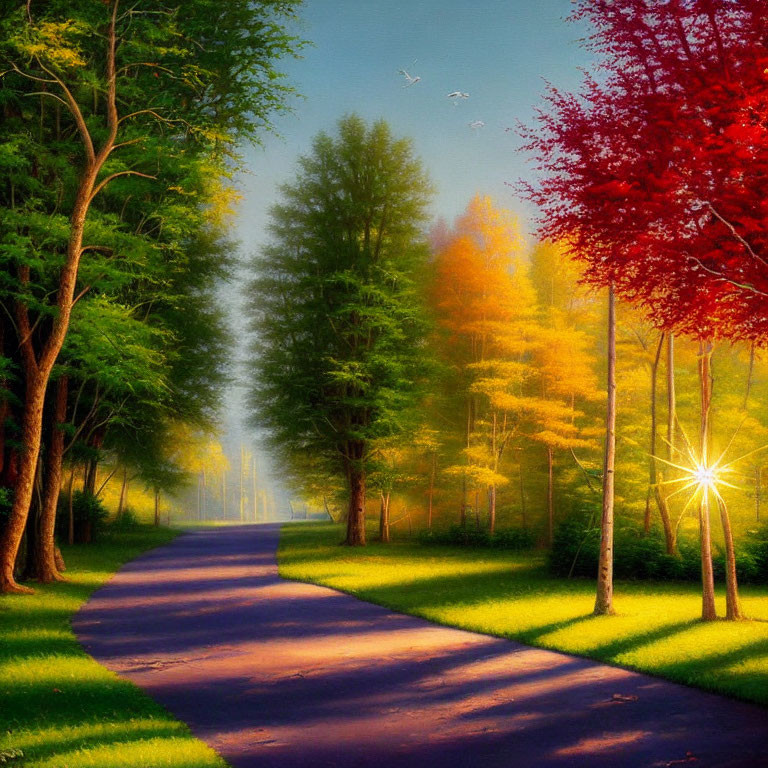 Colorful Sunlit Forest Path with Diverse Trees and Birds