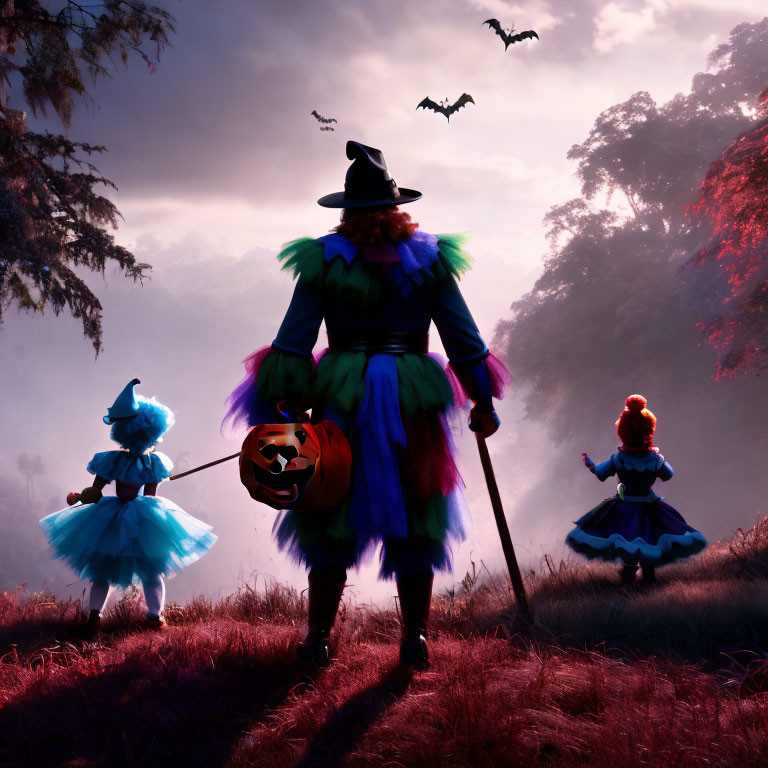 Three people in witch costumes walking in misty forest with bats, one holding jack-o'-lantern