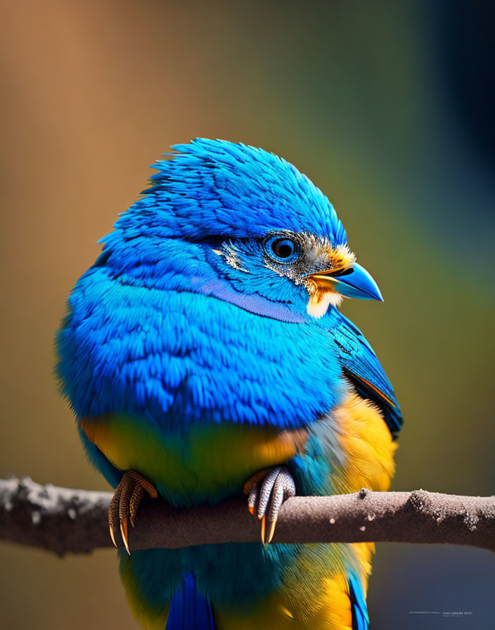 Colorful Blue and Yellow Bird Perched on Branch with Fine Feather Details