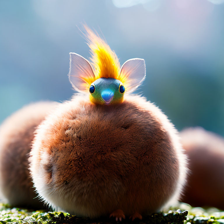 Chubby brown creature with blue eyes on mossy surface