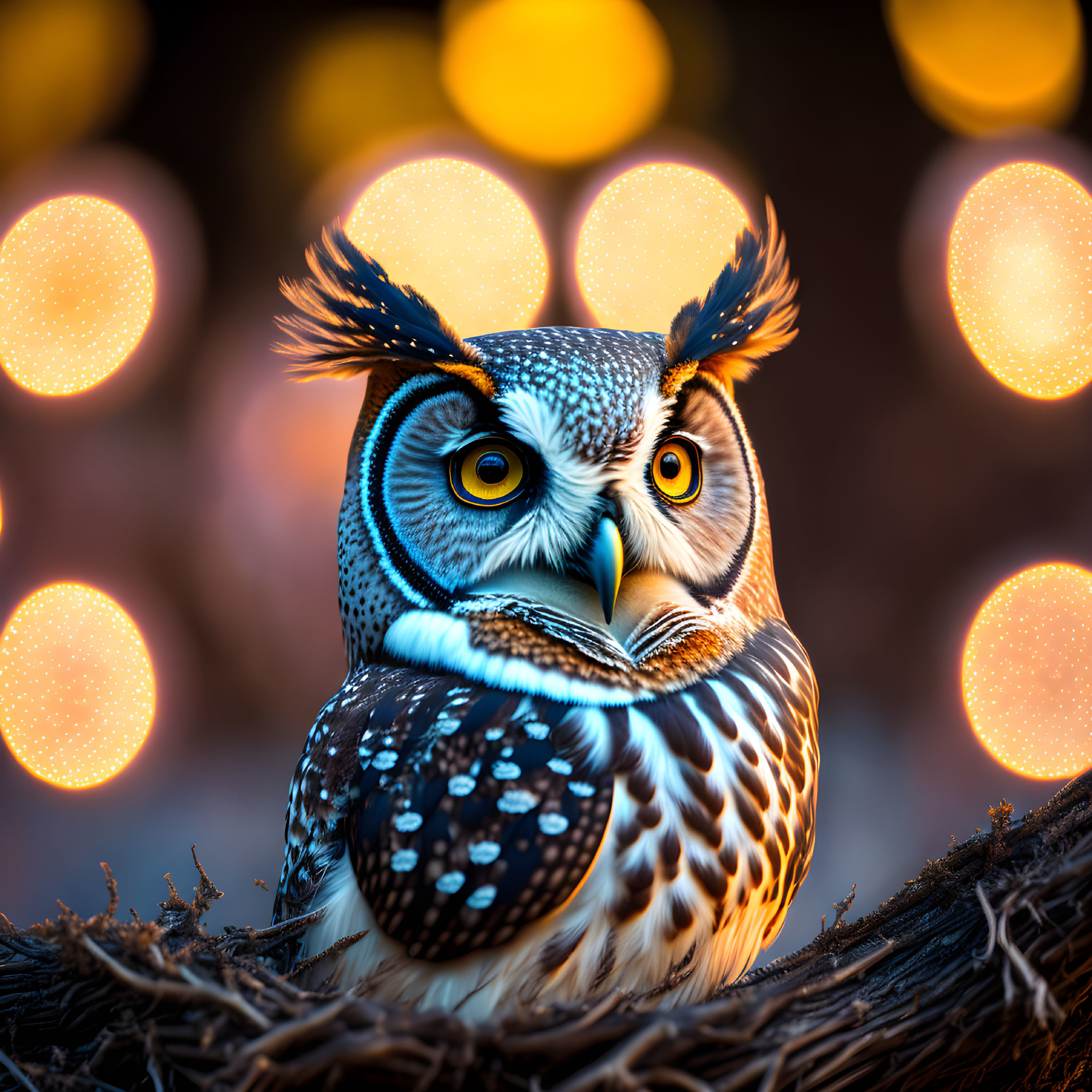 Colorful Owl Digital Art with Expressive Eyes and Detailed Feathers on Bokeh Background