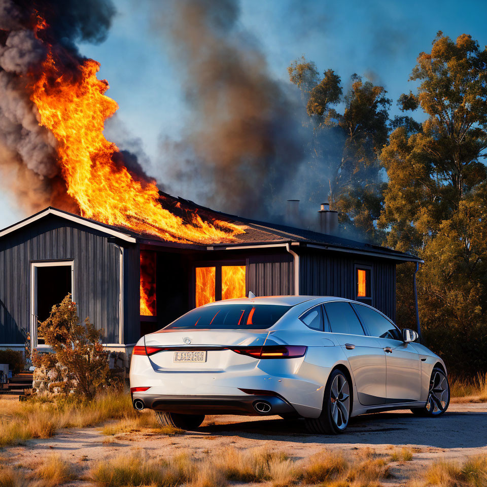 Sedan parked in front of burning house with billowing smoke