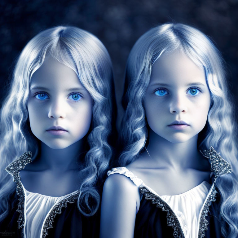 Twin girls with blue eyes and blonde hair in dark ornate dresses on a moody blue background