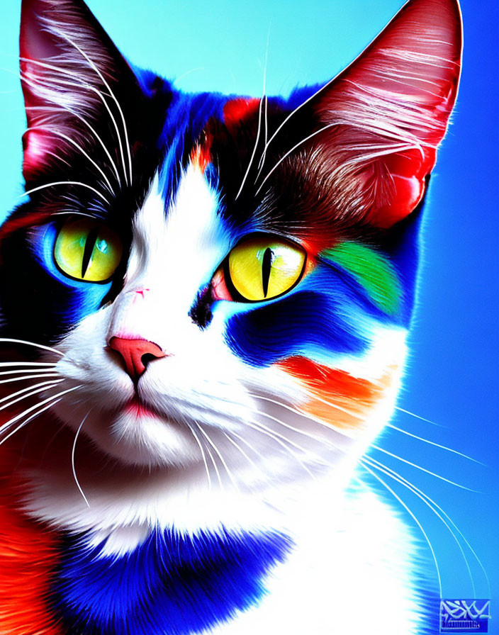 Colorful Cat Artwork with Blue, Red, and White Patchwork