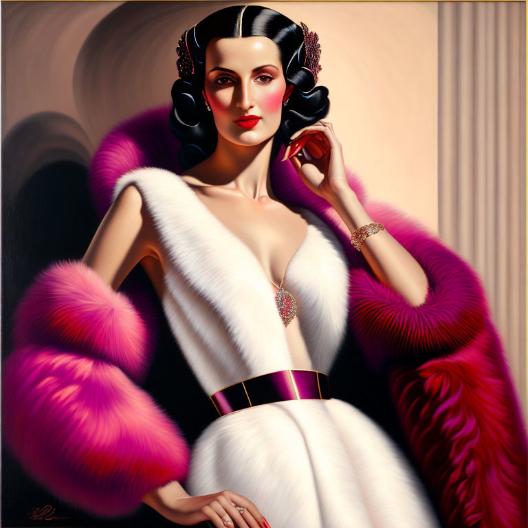 Stylized portrait of woman in luxurious white dress with pink fur stole