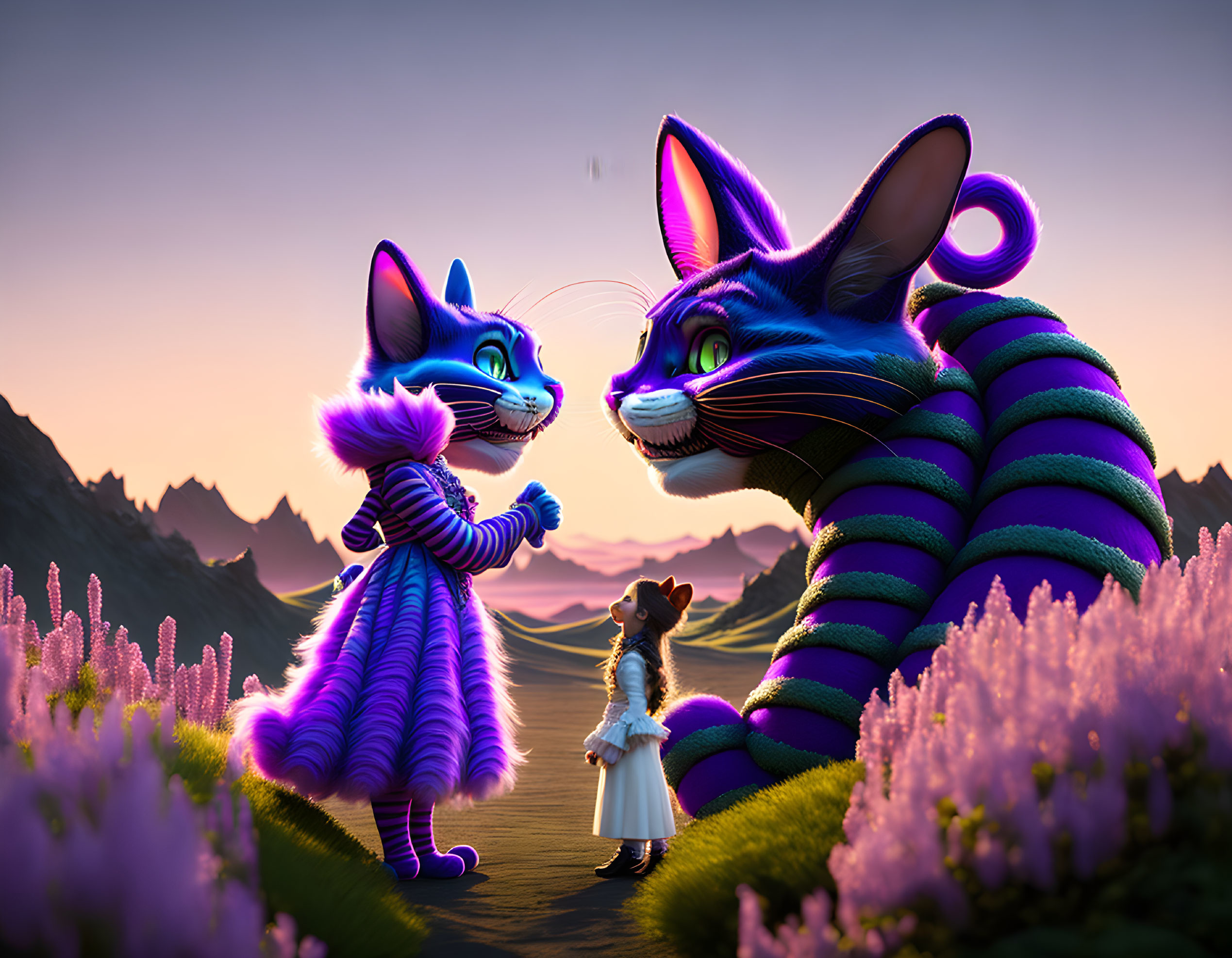 Vibrant Animated Image: Two Oversized Cheshire Cats with Girl in Purple Flower Field at Sunset