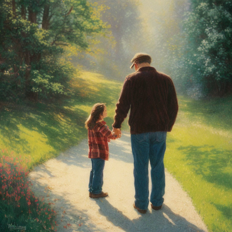 Adult and child walking down serene sunlit path with trees and flowers