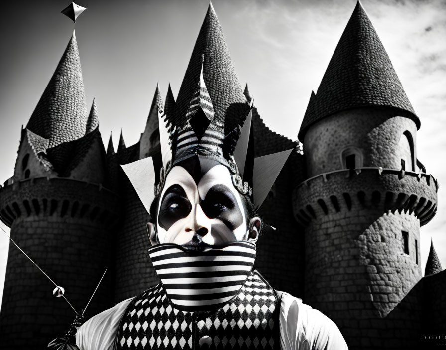 Monochrome clown with striped attire holding a kite in front of dramatic castle and cloudy sky