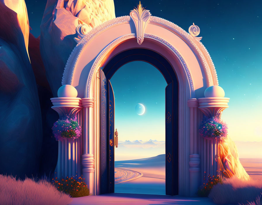 Ornate archway with floral decor in serene mountain landscape at twilight