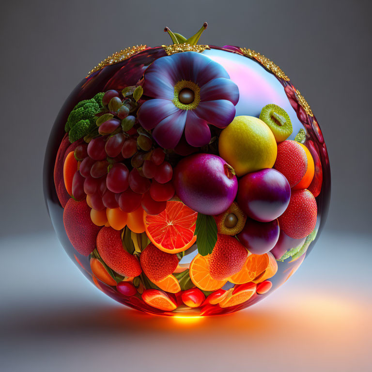 Colorful Glass Orb with Realistic Fruits and Vegetables Illuminated from Below