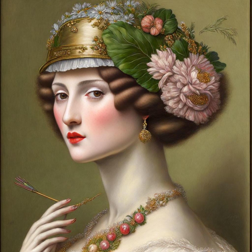 Portrait of woman with gold helmet, flowers, necklace, and paintbrushes