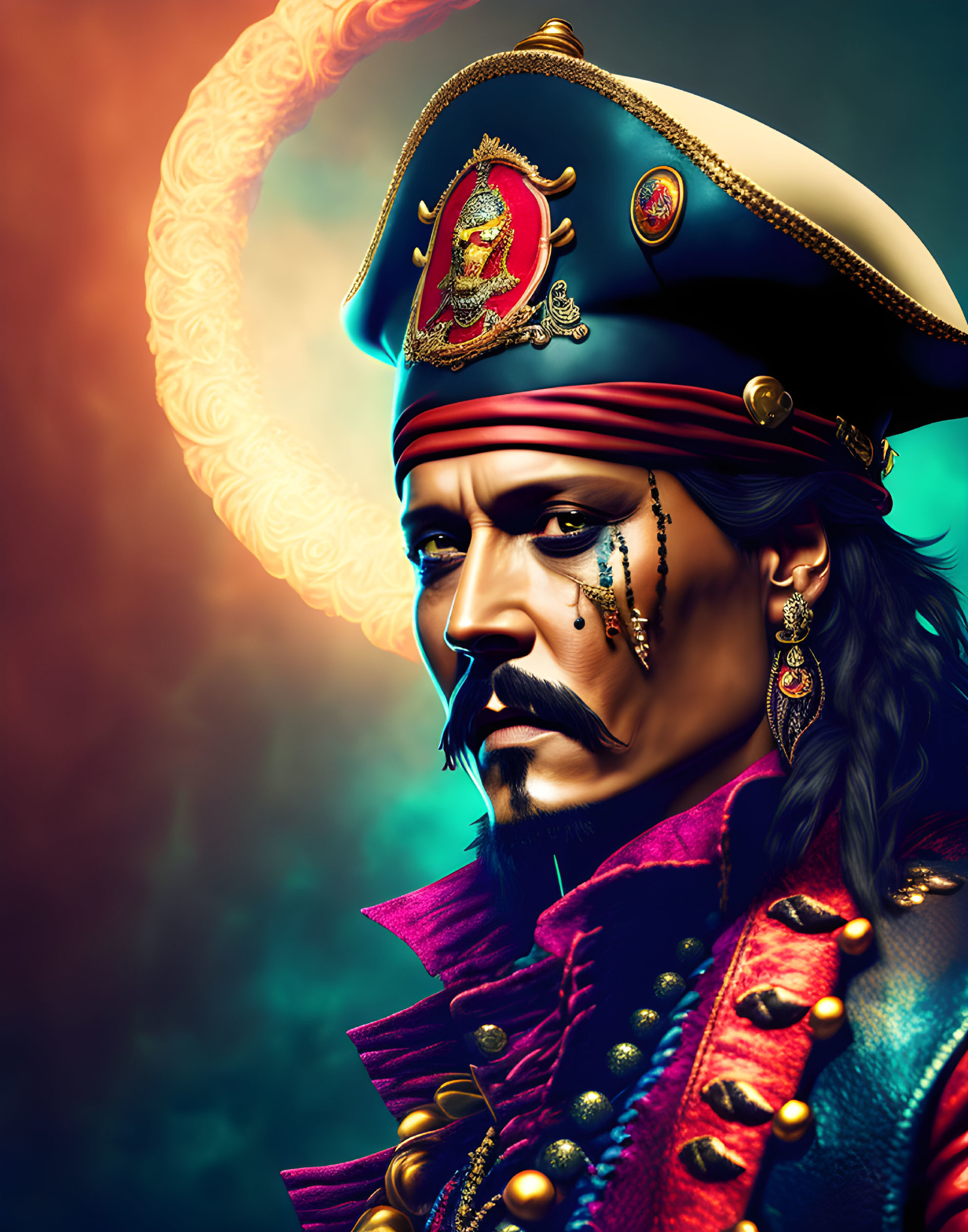 Stylized portrait of a pirate captain with tricorn hat and ornate jacket