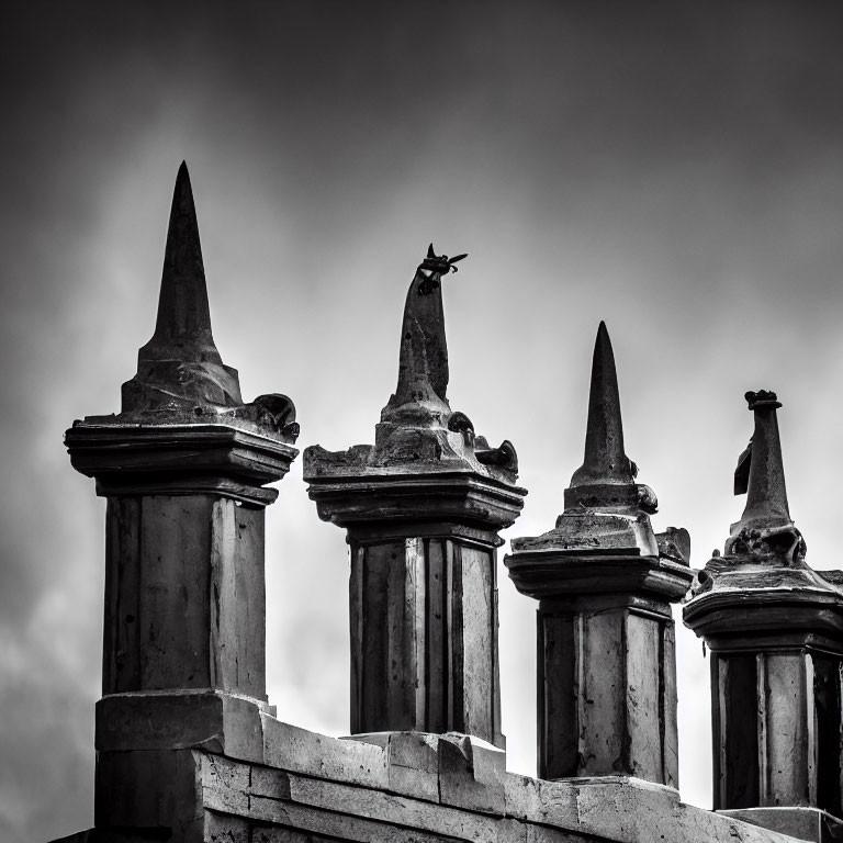 Monochrome photo: Ornate building spires with bird under cloudy sky