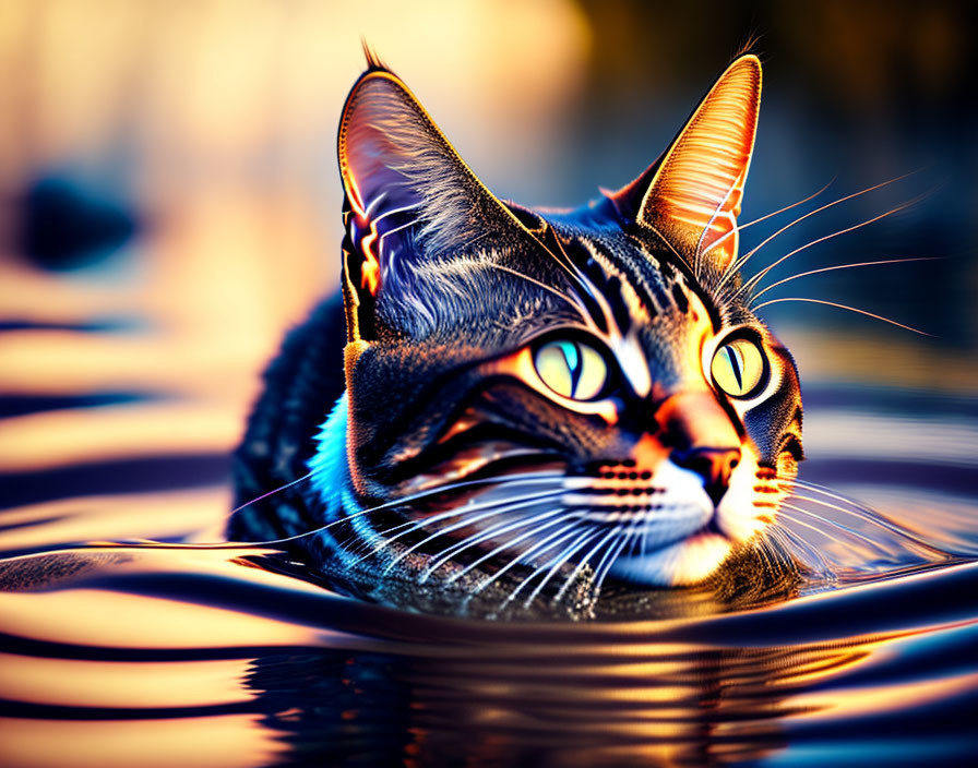 Vividly colored cat swimming in water with ripples