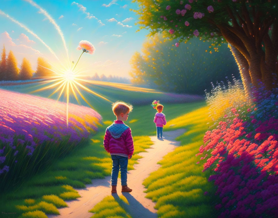 Children walking on path through vibrant flower-filled fields at sunrise