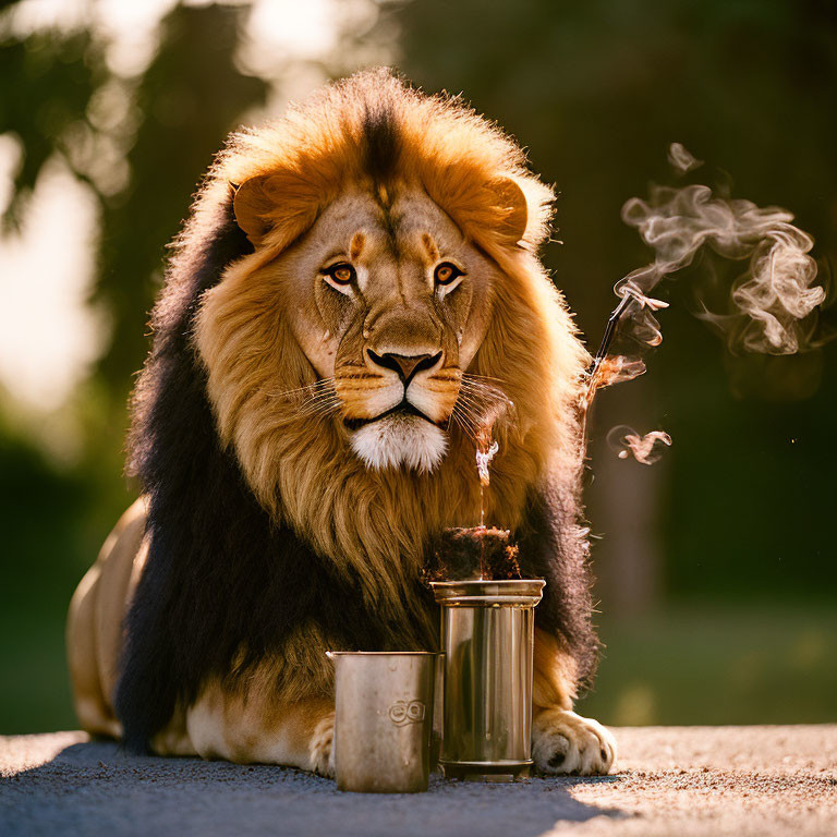 Lion making coffee with metal press in serene outdoor scene