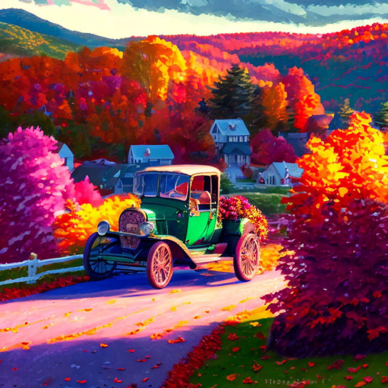 Vintage Green Car Driving on Vibrant Autumn Road with Fiery Trees and Cozy House at Sunset