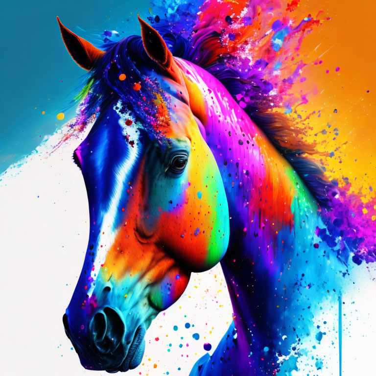 Colorful abstract horse painting on blue background