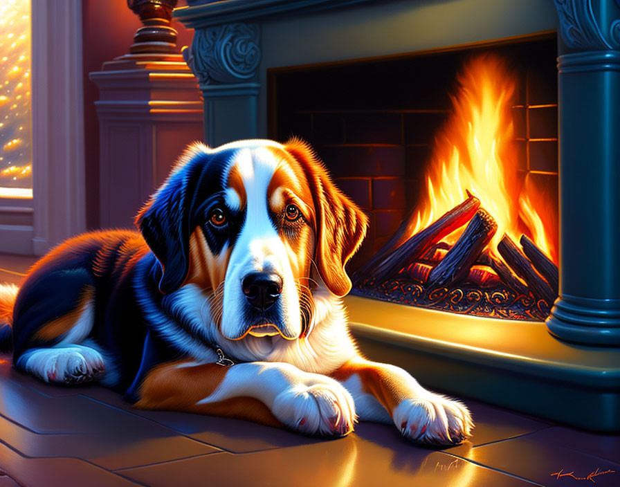 Saint Bernard dog relaxing by cozy fireplace