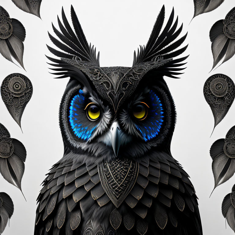 Detailed digitally-created owl with blue eyes and ornate feathers on owl-patterned background