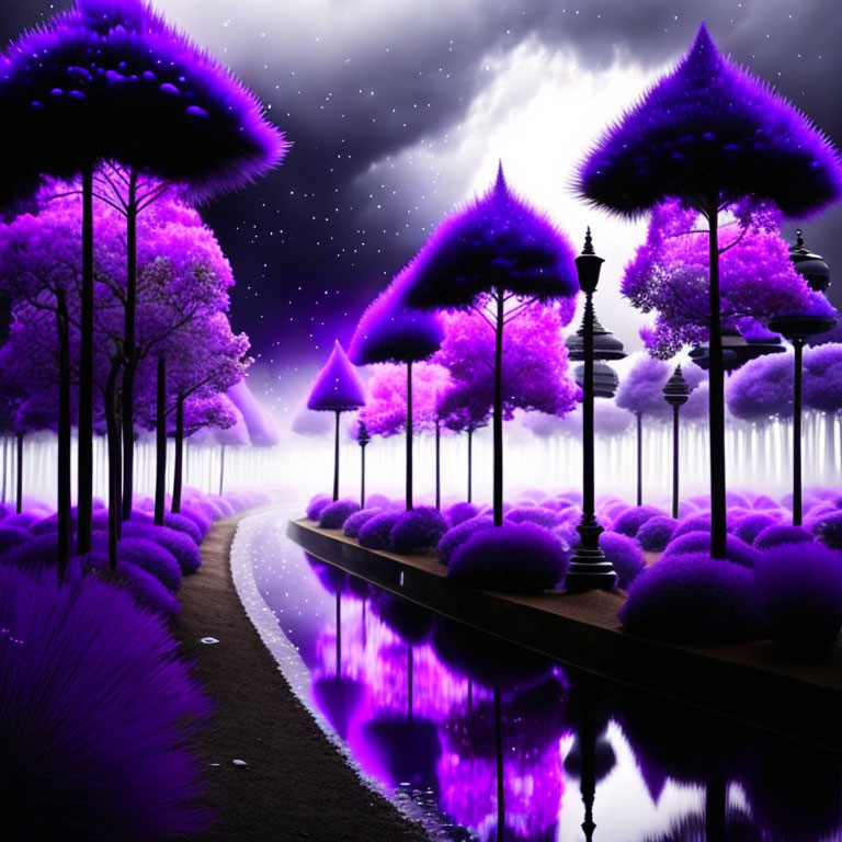 Fantasy Landscape with Purple Trees, Glowing Lampposts, and Starry Night Sky